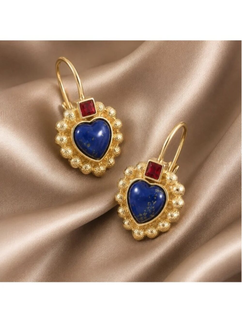 Museum Lapis Lazuli Earrings Heart Baroque Gold Antique Boho VTG Crystal Art CZ